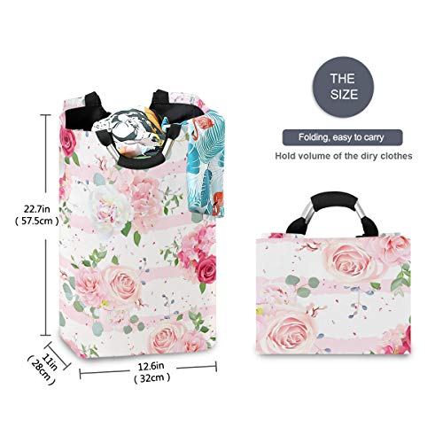 Laundry Basket Pink Rose Flowers Laundry Hamper Portable Foldable Clothes Organizer with Handles Storage Bag for Kids Room Bathroom