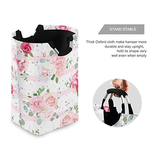 Laundry Basket Pink Rose Flowers Laundry Hamper Portable Foldable Clothes Organizer with Handles Storage Bag for Kids Room Bathroom