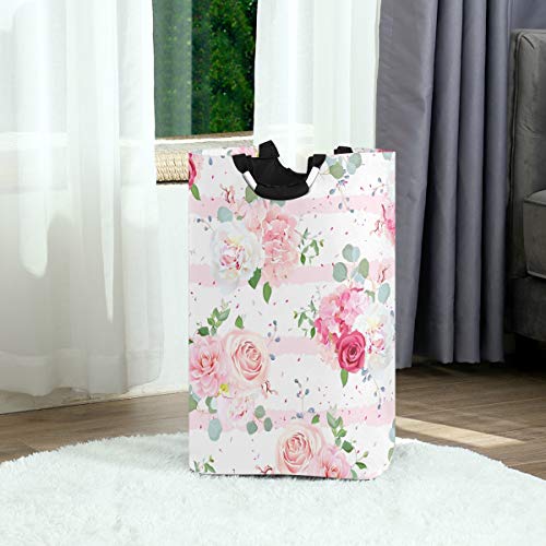 Laundry Basket Pink Rose Flowers Laundry Hamper Portable Foldable Clothes Organizer with Handles Storage Bag for Kids Room Bathroom