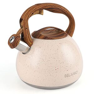 tea kettle, 2.7 quart belanko teapot for stovetops wood pattern handle with loud whistle food grade stainless steel tea pot water kettle - cream white