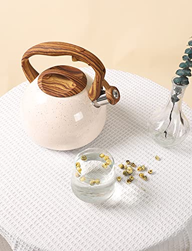 Tea Kettle, 2.7 Quart BELANKO Teapot for Stovetops Wood Pattern Handle with Loud Whistle Food Grade Stainless Steel Tea Pot Water Kettle - Cream White