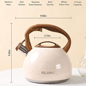 Tea Kettle, 2.7 Quart BELANKO Teapot for Stovetops Wood Pattern Handle with Loud Whistle Food Grade Stainless Steel Tea Pot Water Kettle - Cream White