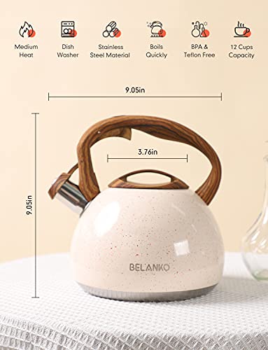 Tea Kettle, 2.7 Quart BELANKO Teapot for Stovetops Wood Pattern Handle with Loud Whistle Food Grade Stainless Steel Tea Pot Water Kettle - Cream White