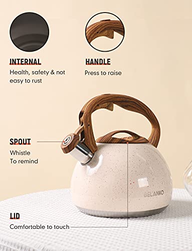 Tea Kettle, 2.7 Quart BELANKO Teapot for Stovetops Wood Pattern Handle with Loud Whistle Food Grade Stainless Steel Tea Pot Water Kettle - Cream White