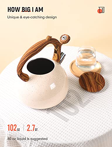Tea Kettle, 2.7 Quart BELANKO Teapot for Stovetops Wood Pattern Handle with Loud Whistle Food Grade Stainless Steel Tea Pot Water Kettle - Cream White