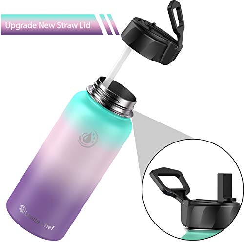 Umite Chef Sports Water Bottle with New Wide Handle Straw Lid, Vacuum Insulated Stainless Steel Thermos Mug, 32 oz Double Walled Wide Mouth Water Bottle ,Leak Proof, Sweat Free （Hydrangea）