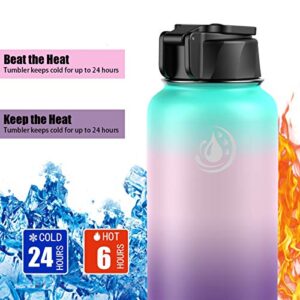 Umite Chef Sports Water Bottle with New Wide Handle Straw Lid, Vacuum Insulated Stainless Steel Thermos Mug, 32 oz Double Walled Wide Mouth Water Bottle ,Leak Proof, Sweat Free （Hydrangea）