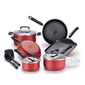 t-fal signature titanium advancend nonstick pots and pans cookware set, 12 piece, red
