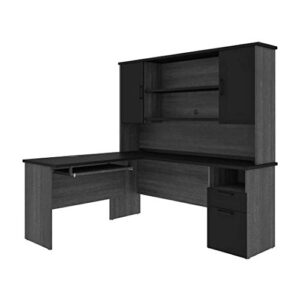 bestar norma l-shaped desk with hutch, 71w, black & bark gray