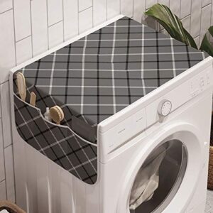 lunarable tartan washing machine organizer, geometric simplicity repetitive pattern with crossed diagonal lines, anti-slip fabric top cover for washer dryer, 47" x 18.5", white grey