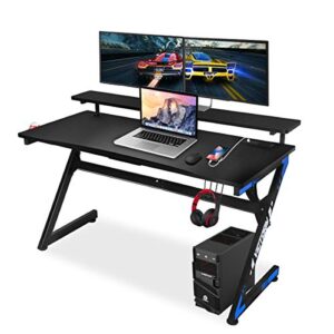 yigobuy gaming computer desk 55 inch large gaming table z shape black racing table student desk with& headphone hook for kids adults home office bedroom computer workstation