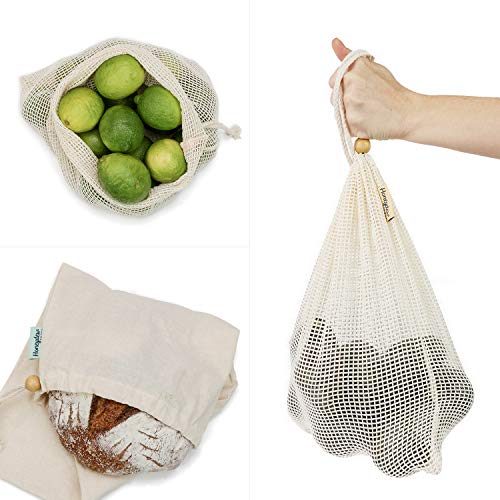 Organic Cotton Shopping Bags - Washable and Strong- Set of 8 - Food Storage and Produce Bags