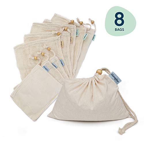 Organic Cotton Shopping Bags - Washable and Strong- Set of 8 - Food Storage and Produce Bags