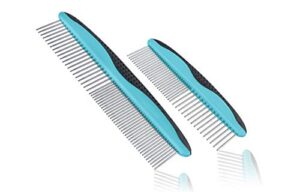 pets first 2 pack dog comb small & large pet comb for small & large breeds & areas. premium anti-slip comfort grip ergonomic handle for your dog & cat with durable stainless-steel