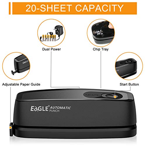 Electric Hole Punch, Eagle Desktop 3 Hole Puncher Force-Saving, 20-Sheet Capacity, AC or Battery Operated Paper Punch 3 Ring, Effortless Hole Puncher for Paper, Home and Office Supplies, Black