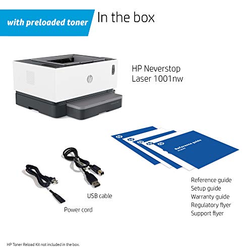 HP Neverstop Laser 1001nw Wireless Monochrome Printer with built-in Ethernet & cartridge-free toner tank, comes with up to 5,000 pages of toner in the box (5HG80A)