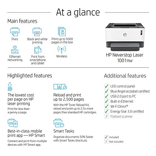 HP Neverstop Laser 1001nw Wireless Monochrome Printer with built-in Ethernet & cartridge-free toner tank, comes with up to 5,000 pages of toner in the box (5HG80A)