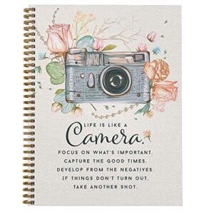 softcover camera 8.5" x 11" motivational spiral notebook/journal, 120 college ruled pages, durable gloss laminated cover, gold wire-o spiral. made in the usa