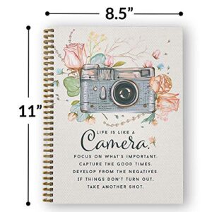 Softcover Camera 8.5" x 11" Motivational Spiral Notebook/Journal, 120 College Ruled Pages, Durable Gloss Laminated Cover, Gold Wire-o Spiral. Made in the USA