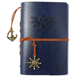 vintage pu leather refillable notebook for diary, embossed travel journal diary with blank pages,card holder and retro pendants-legend of zelda(blue)
