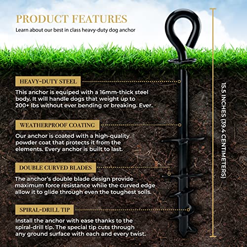 ROYAL PAW Dog Tie Out Stake - Heavy Duty Dog Stake for Large Dogs up to 210 lbs, Dog Stakes for Outside, Dog Anchor, and Dog Gadget | Use Any Dog Tie Out Cable or Dog Yard Leash (B1-Midnight Black)