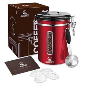 jennimer coffee canister - large, stainless steel airtight coffee containers with transparent window,date tracker, co2-release valve and measuring scoop for freshness of storage coffee(red)