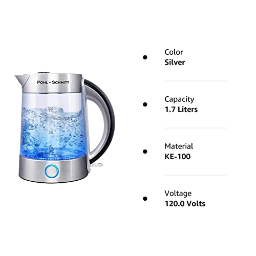 Pohl Schmitt 1.7L Electric Kettle with Upgraded Stainless Steel Filter, Inner Lid & Bottom, Glass Water Boiler & Tea Heater with LED, Cordless, Auto Shut-Off - Boil-Dry