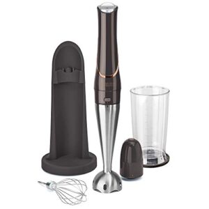 crux cordless hand immersion blender, durable 7.5” blending arm, quickly blend, mix smoothies, easily whip, puree sauces/soups, conveniently rechargeable, easy to clean with dishwasher safe removeable parts, stainless steel/black