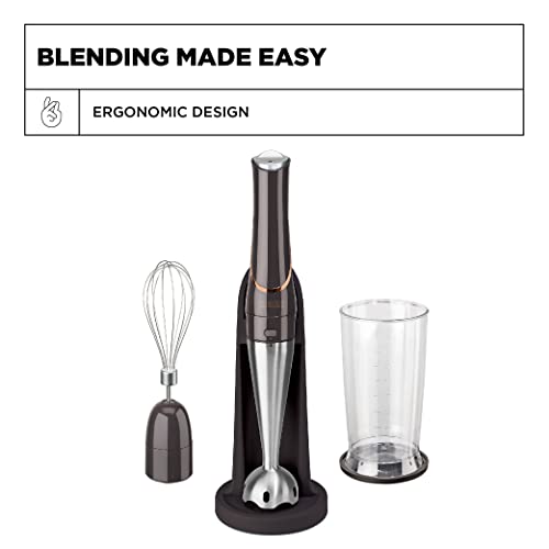 CRUX Cordless Hand Immersion Blender, Durable 7.5” Blending Arm, Quickly Blend, Mix Smoothies, Easily Whip, Puree Sauces/Soups, Conveniently Rechargeable, Easy to Clean with Dishwasher Safe Removeable Parts, Stainless Steel/Black