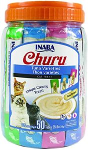 inaba churu cat treats, grain-free, lickable, squeezable creamy purée cat treat/topper with vitamin e & taurine, 0.5 ounces each tube, 50 tubes, tuna variety