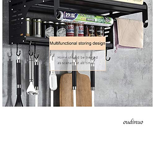 OUDINUO Merry Christmas Black Multifunctional Double Bracket Aluminum Microwave Oven Wall Mount Shelf with 10 Removable Hooks and Fresh Wrapper Rolls Holder