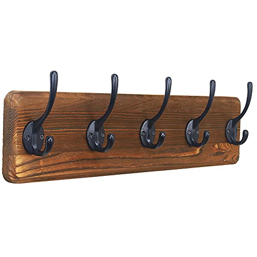 Dseap Coat Rack Wall Mounted with 5 Coat Hooks - Heavy Duty Wooden Wall Coat Hanger for Clothes Hat Jacket Clothing, Natural & Black