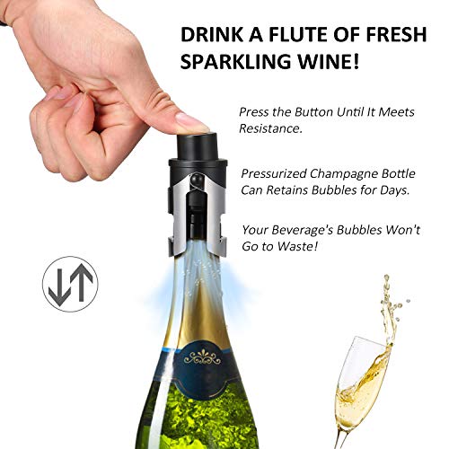 HYZ Champagne Stoppers Wine Saver 2-Pack, Wine Vaccum Stoppers with Built-in Pump for Champagne, Prosecco and Cava - Sparkling Wine Stopper Black - Stainless Steel + ABS Champagne Bottle Stoppers