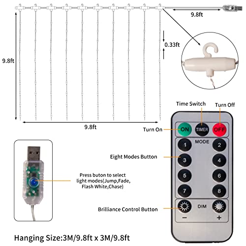 A-POWER 300 LED Curtain Lights USB Window Fairy Lights Decoration Remote Controlled LED String Lights (Rainbow)