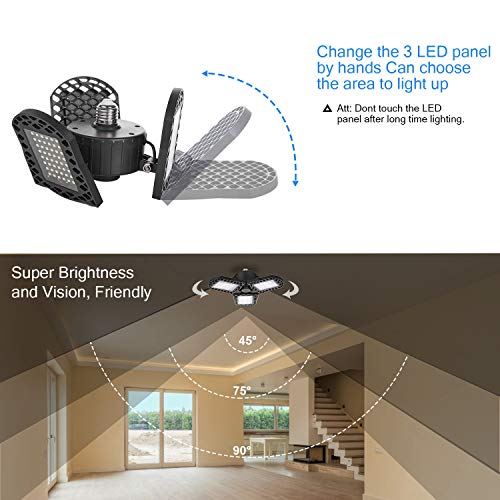 2 Pack LED Garage Lights, 60W Deformable LED Garage Ceiling Lights with 3 Adjustable Wings, 6000LM, E26 LED Shop Light for Warehouse, Workshop, Basement (No Motion Detection) (2 Pack, 60W)