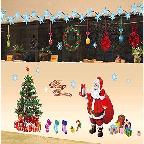 YULOONG Christmas Windows Static Stickers Clings Removable Vinyl Santa Claus Christmas Tree Snowman Snowflake Deer DIY Wall Window Door Mural Showcase Decal Sticker