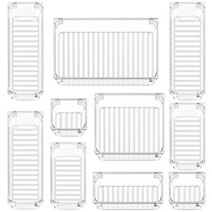 puroma 10pcs drawer organizer set 5-size versatile vanity and bathroom drawer organizers, clear plastic desk drawer organizer trays and customize layout storage bins for makeup kitchen office (clear)
