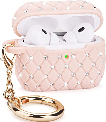 CAGOS Compatible with Airpods Pro Case, Cute Airpods Pro Bling Crystal TPU Case Protective Hard Carrying Cover Women Girls with Shiny Crystal/Keychain for Apple Airpods Pro Charging Case, Pink