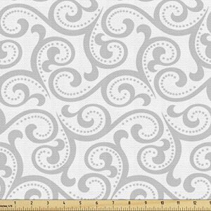 ambesonne damask grey fabric by the yard, simple pattern with curls and dots in neutral design print, decorative fabric for upholstery and home accents, 5 yards, white grey