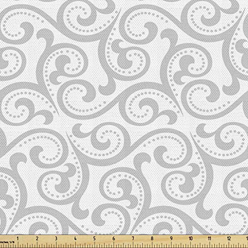 Ambesonne Damask Grey Fabric by The Yard, Simple Pattern with Curls and Dots in Neutral Design Print, Decorative Fabric for Upholstery and Home Accents, 5 Yards, White Grey