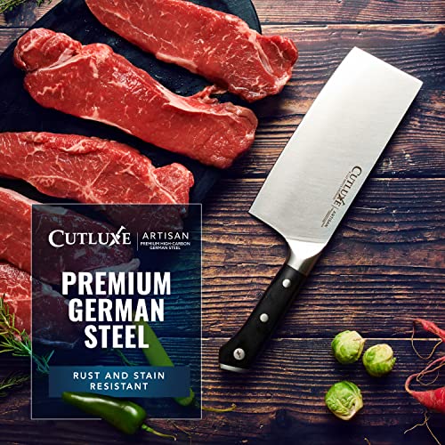 Cutluxe Cleaver Knife - 7" Meat Cleaver, Butcher Knife for Meat Cutting – Razor Sharp German Steel Blade – Full Tang Ergonomic Handle Design – Artisan Series