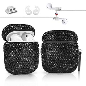 newseego compatible with airpods 1 & 2 case, keychain+anti-lost strap+ear hooks+watch band holder,protective bling crystal glitter luxury shining diamond rhinestone gift scratch/drop proof-black