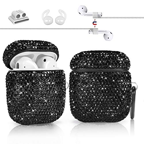 Newseego Compatible with AirPods 1 & 2 Case, Keychain+Anti-Lost Strap+Ear Hooks+Watch Band Holder,Protective Bling Crystal Glitter Luxury Shining Diamond Rhinestone Gift Scratch/Drop Proof-Black