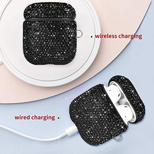 Newseego Compatible with AirPods 1 & 2 Case, Keychain+Anti-Lost Strap+Ear Hooks+Watch Band Holder,Protective Bling Crystal Glitter Luxury Shining Diamond Rhinestone Gift Scratch/Drop Proof-Black