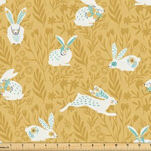 ambesonne bunny fabric by the yard, countryside field nature inspired pattern animals with floral ornaments, decorative fabric for upholstery and home accents, 1 yard, mustard seafoam white