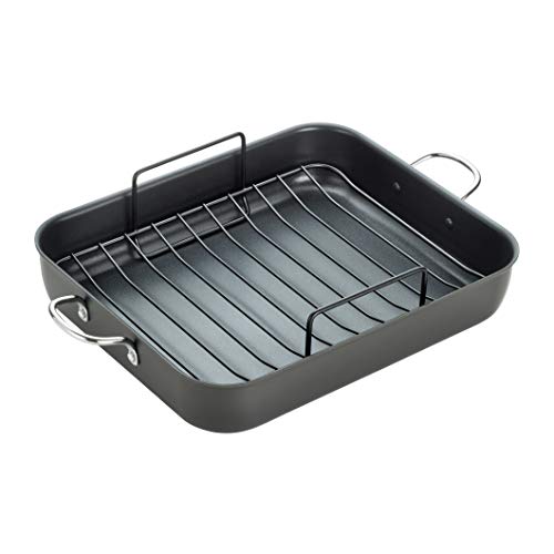 T-fal, Ultimate Hard Anodized, Nonstick 16 In. x 13 In. Roaster with Rack, Black, , 16 Inch x 13 Inch, Grey