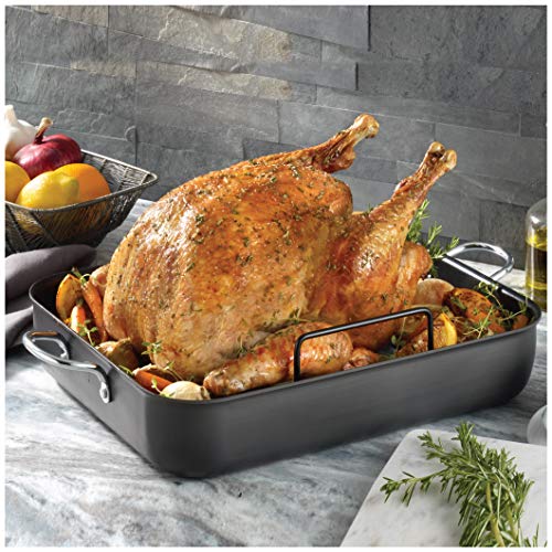 T-fal, Ultimate Hard Anodized, Nonstick 16 In. x 13 In. Roaster with Rack, Black, , 16 Inch x 13 Inch, Grey