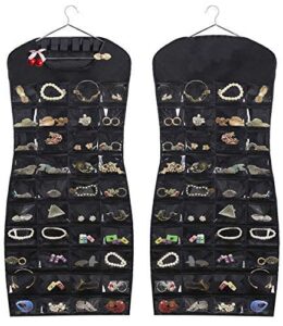 jsxd hanging jewelry organizer,dress-like double side 84 clear pockets and 6 hook loops storage for holding jewelries (black)