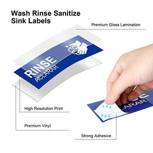 Wash Rinse Sanitize Sink Labels, Hand Wash Only Sign, 4 Pack 3 Compartment Sink Waterproof Sticker Signs for Wash Station, Commercial Kitchens, Restaurant, Food Trucks, Busing Stations, Dishwashing…