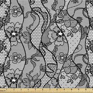 ambesonne floral fabric by the yard, lace gothic pattern with flower effect and leaves ornamental antique feminine design, decorative fabric for upholstery and home accents, 1 yard, black grey